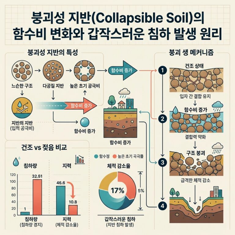 ai thumbnail infographic 붕괴성 지반Collapsible Soil의 함수비 변화와 갑작스러운 침하 발생 원리 1790656487
