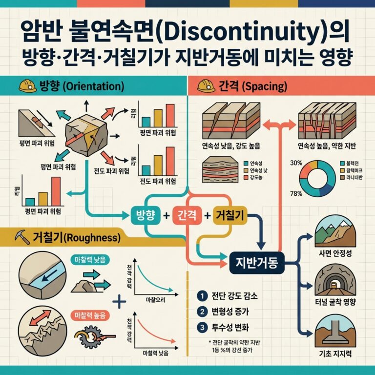 ai thumbnail infographic 암반 불연속면Discontinuity의 방향·간격·거칠기가 지반거동에 미치는 영향 1790656378