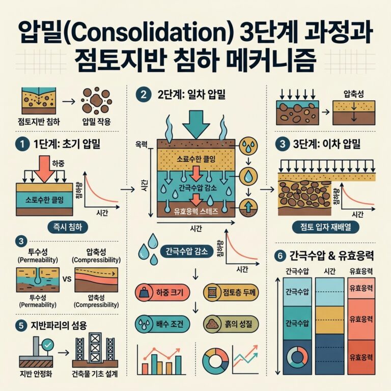 ai thumbnail infographic 압밀Consolidation 3단계 과정과 점토지반 침하 메커니즘 1789990770