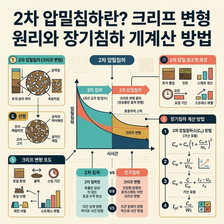ai thumbnail infographic 2차 압밀침하란 크리프 변형 원리와 장기침하 계산 방법 1792626933