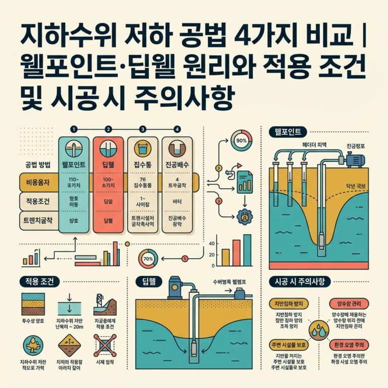 ai thumbnail infographic 지하수위 저하 공법 4가지 비교｜웰포인트·딥웰 원리와 적용 조건 및 시공 시 주의사항 1792409900